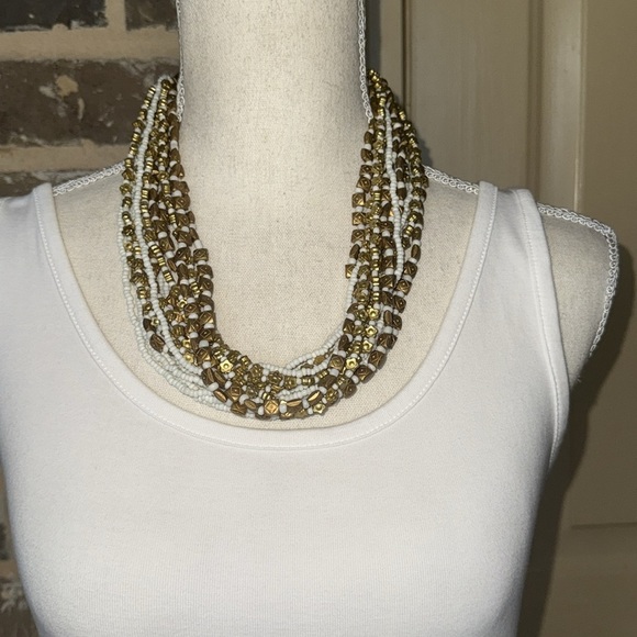 Stunning White & Gold Beaded Multi-Strand Twist Necklace & Bracelet Set Unique - Picture 13 of 16